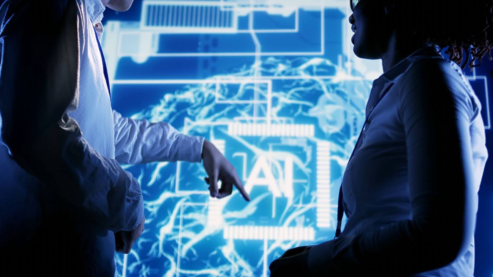 AI in fintech risk analysis concept with experts reviewing machine learning data and financial intelligence dashboard